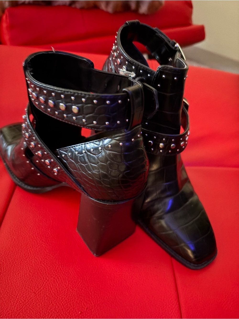 Zara Black Croc-Embossed Studded Ankle Boots